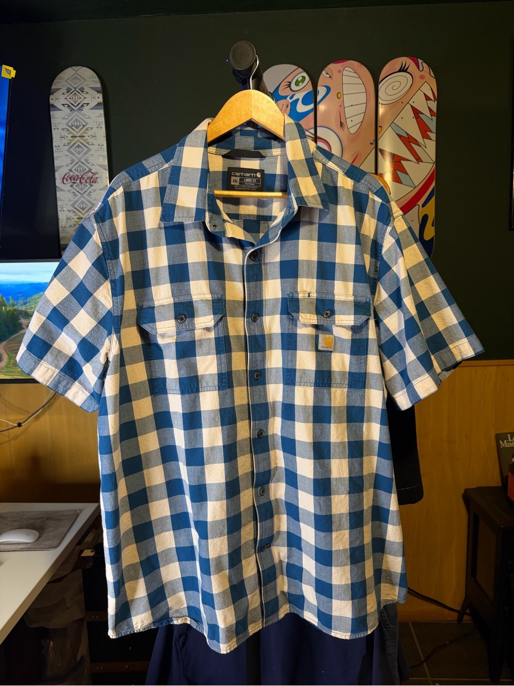 Carhartt Loose Fit Plaid Blue & White Short Sleeve Pocket Button Up Shirt 2XL